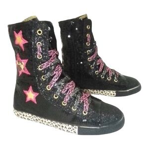 Bongo Sequin Punk Black/Pink Star Hi-Top Shoes Side Zip Youth size 1